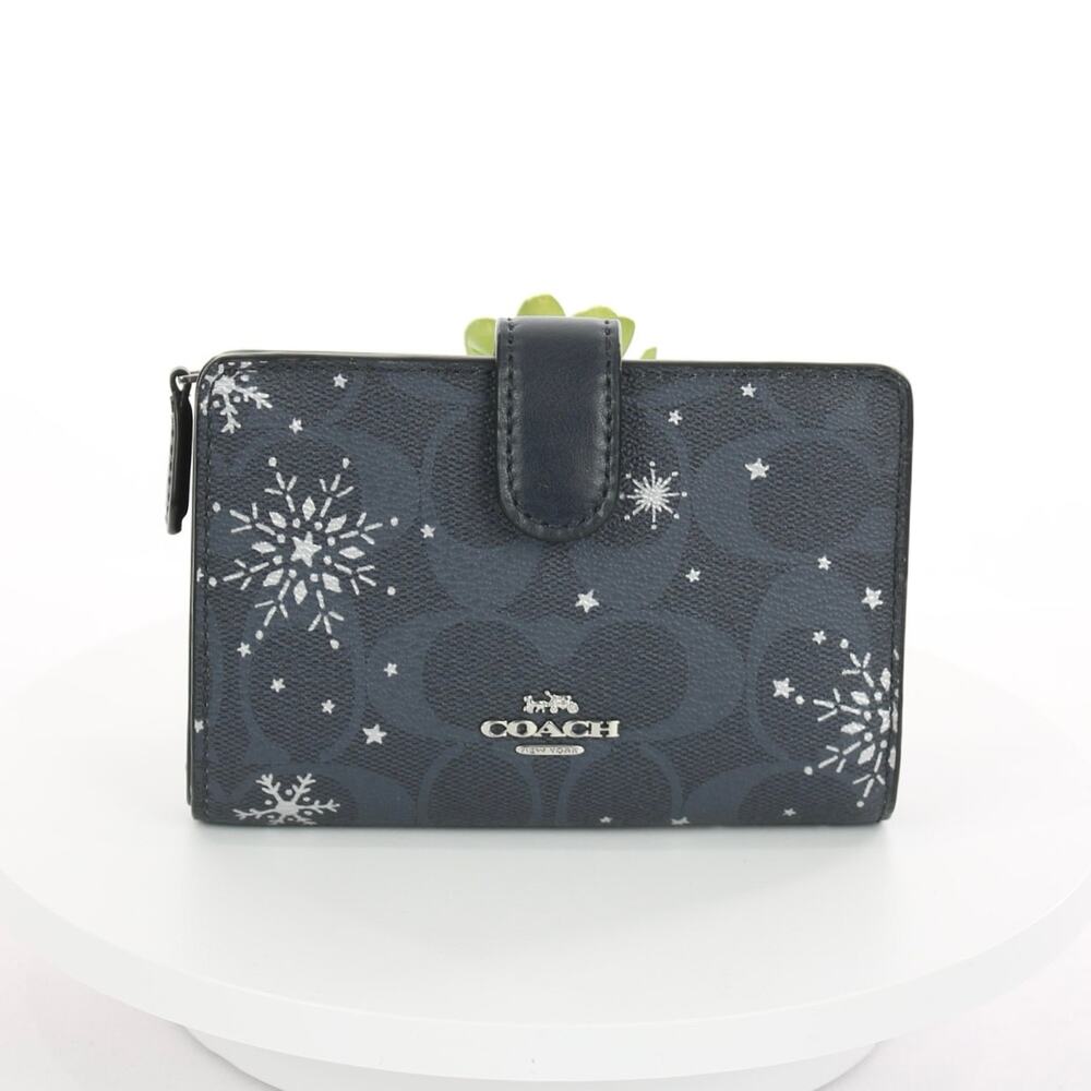 Coach Signature Navy Blue Snowflake Pattern Corner Zip Wallet C1927